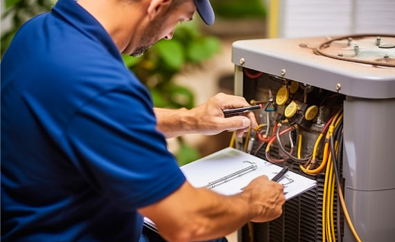 a professional performing maintenance on an AC