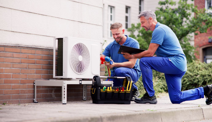 Two technicians working on an outdoor air conditioning unit