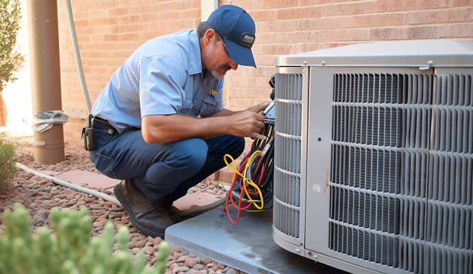 A person repairing HVAC heating system