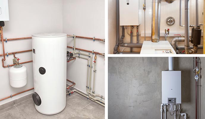 Collage of installed gas, oil and electric boiler