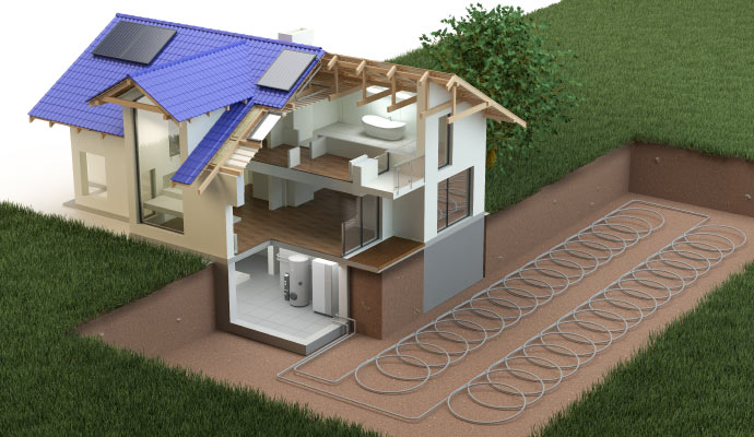 Illustrated view of a geothermal heating system with cross-section loops