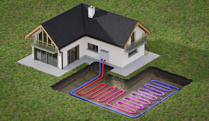 Illustrated view of a geothermal heating system with ground loops