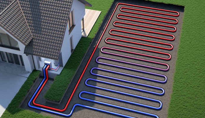 Illustrated view of a geothermal heating system with horizontal loops