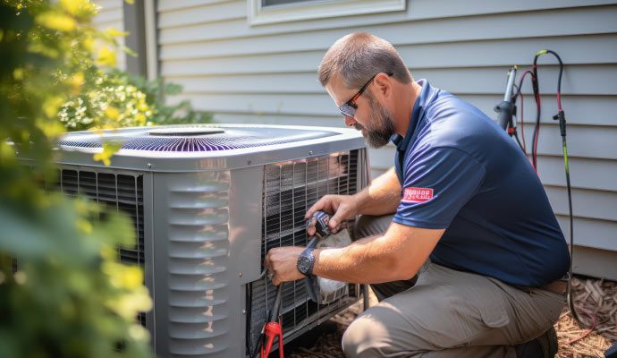 A technician is repairing the outdoor air conditioning unit